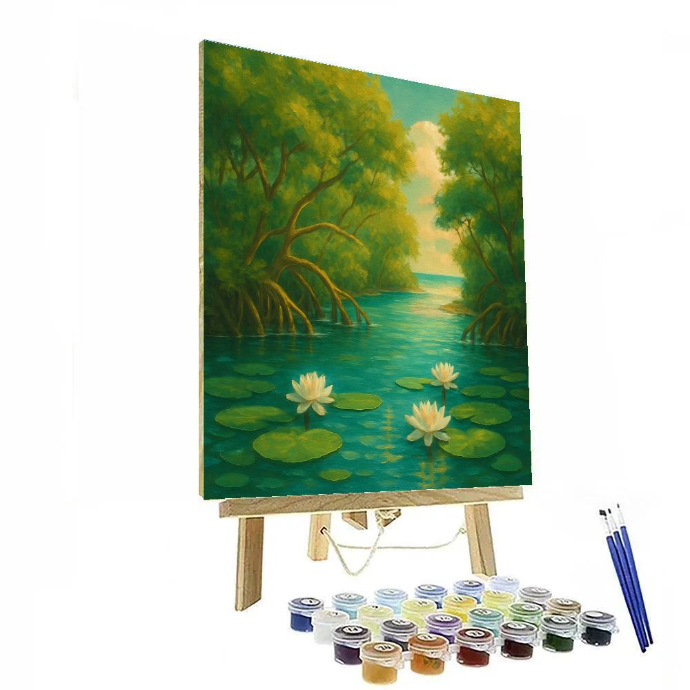 Sunlit Mangrove River With Floating Water Lilies paint by numbers