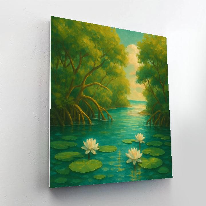 Sunlit Mangrove River With Floating Water Lilies paint by numbers