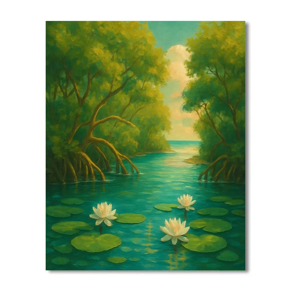 Sunlit Mangrove River With Floating Water Lilies paint by numbers