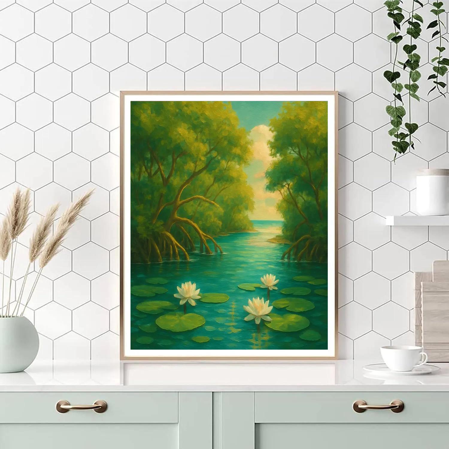 Sunlit Mangrove River With Floating Water Lilies paint by numbers