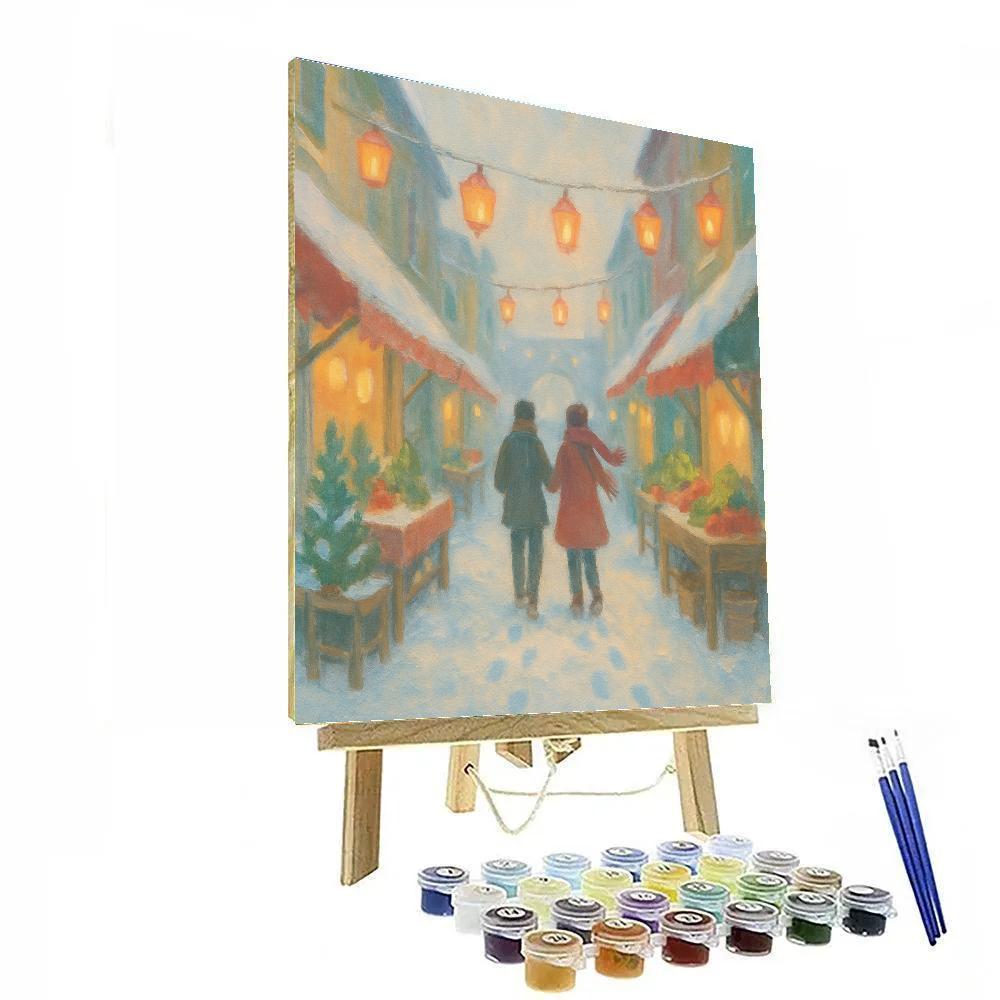 Snowy Market Street Under Paper Lantern Glow DIY paint by numbers