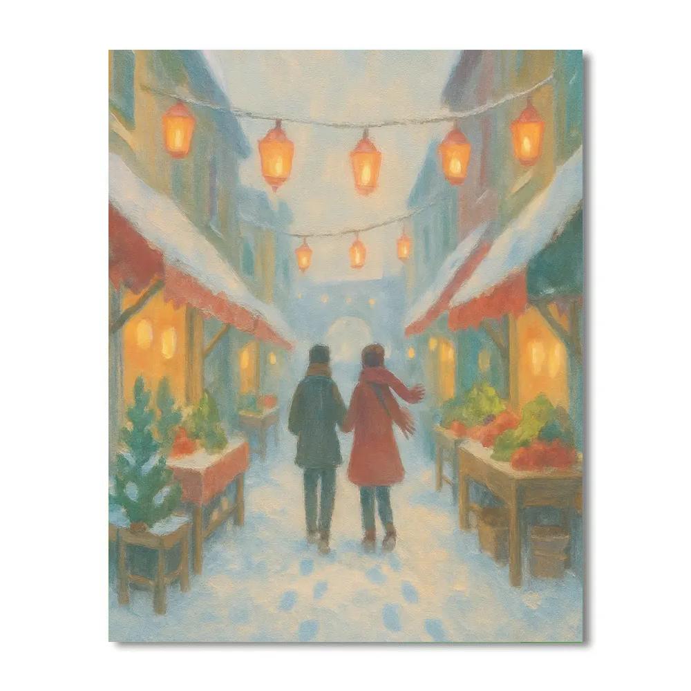 Snowy Market Street Under Paper Lantern Glow DIY paint by numbers