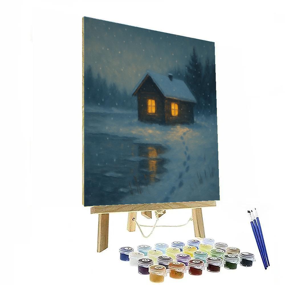 Snowy Lakeside Cabin With Glowing Windows Paint by numbers art