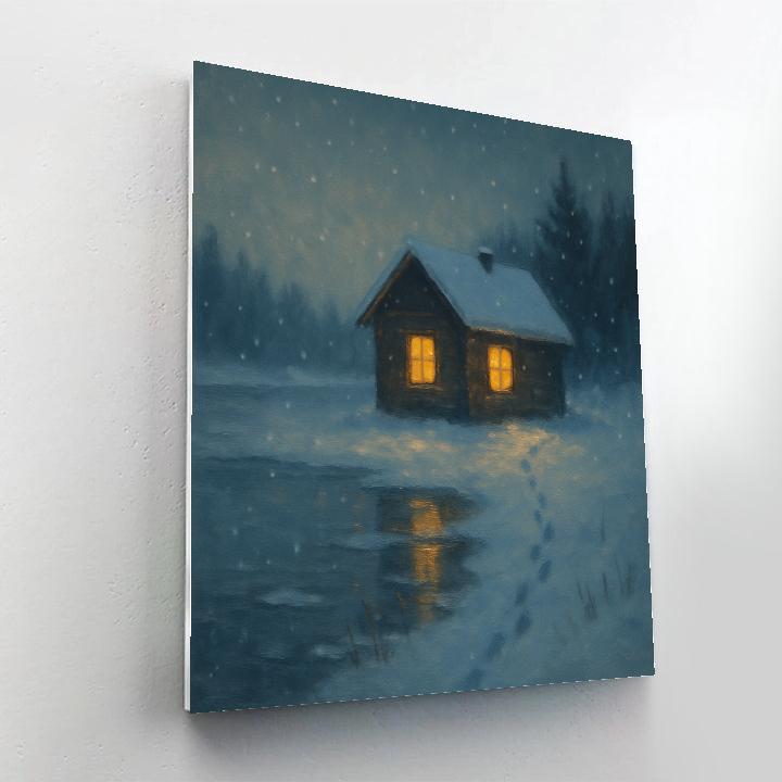 Snowy Lakeside Cabin With Glowing Windows Paint by numbers art