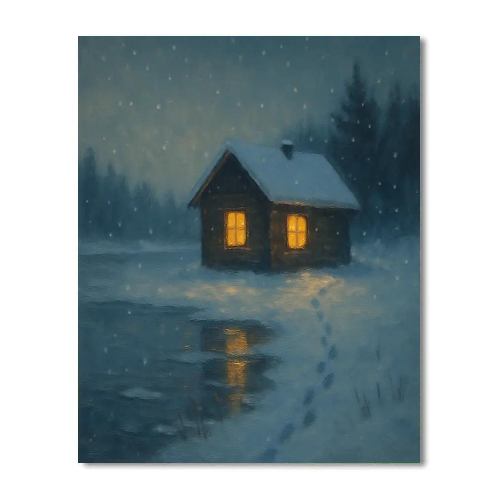 Snowy Lakeside Cabin With Glowing Windows Paint by numbers art