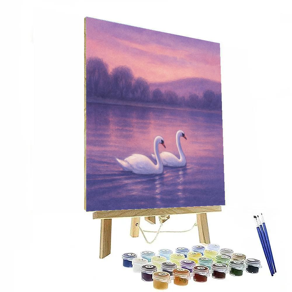 Lavender Twilight Lake With Swans Gliding paint by color