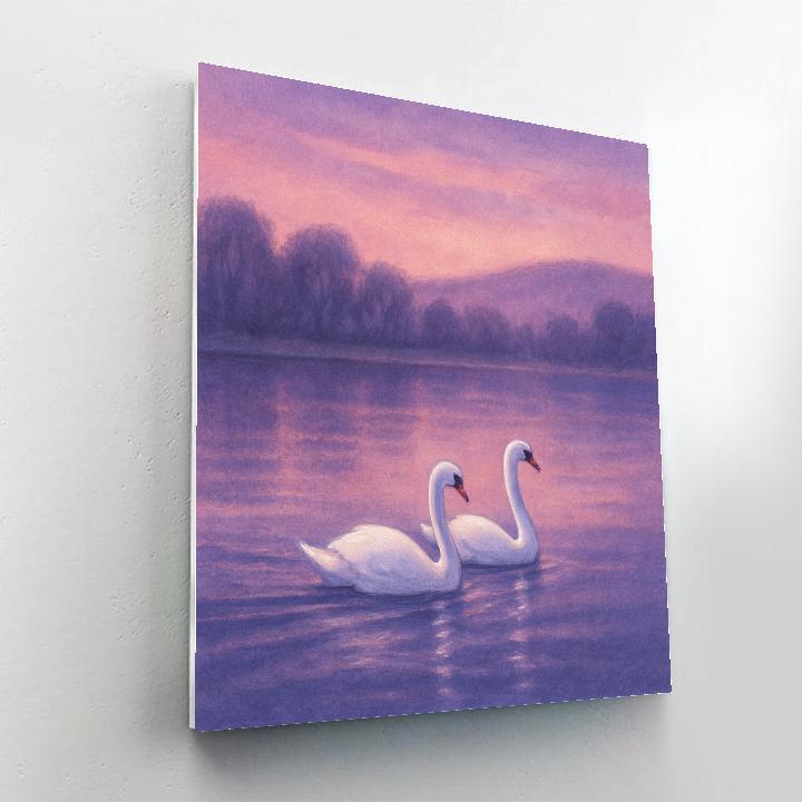 Lavender Twilight Lake With Swans Gliding paint by color