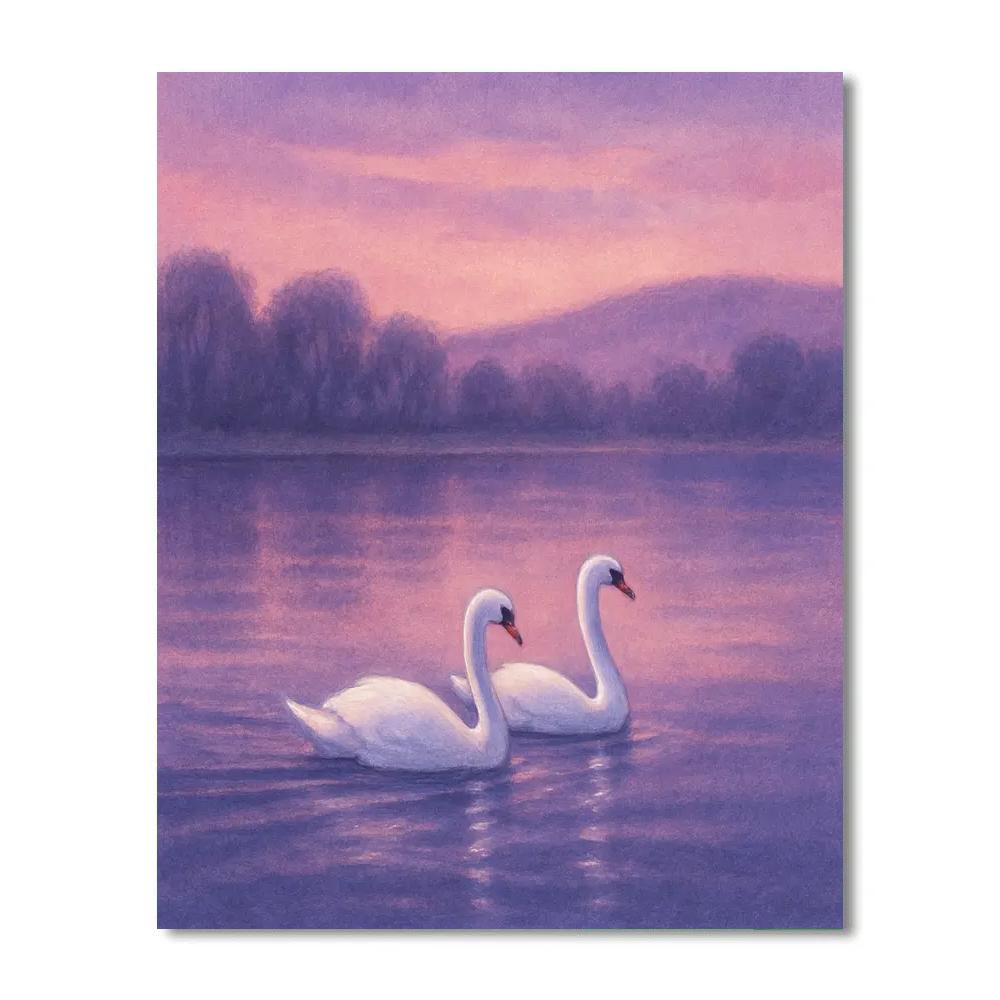 Lavender Twilight Lake With Swans Gliding paint by color