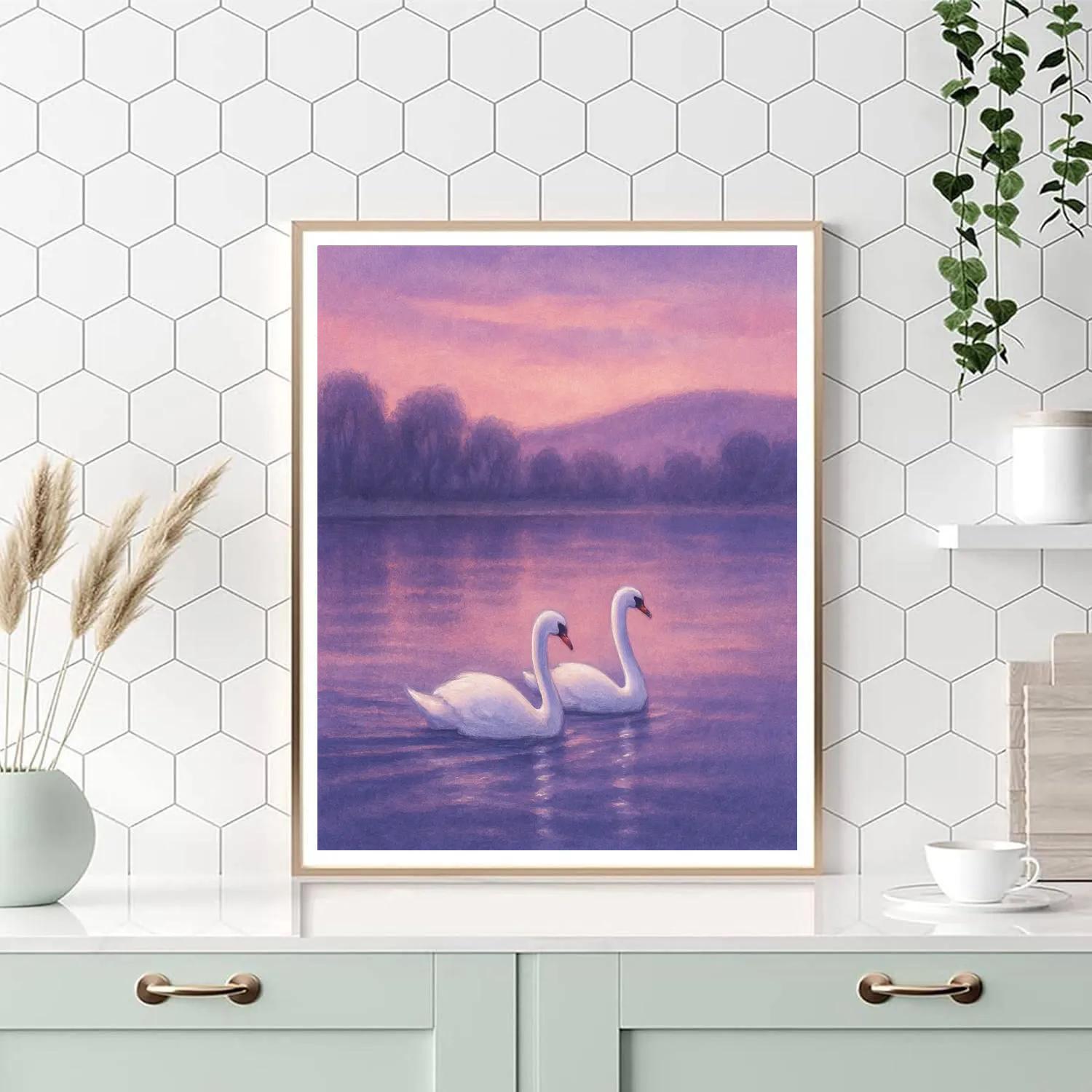 Lavender Twilight Lake With Swans Gliding paint by color