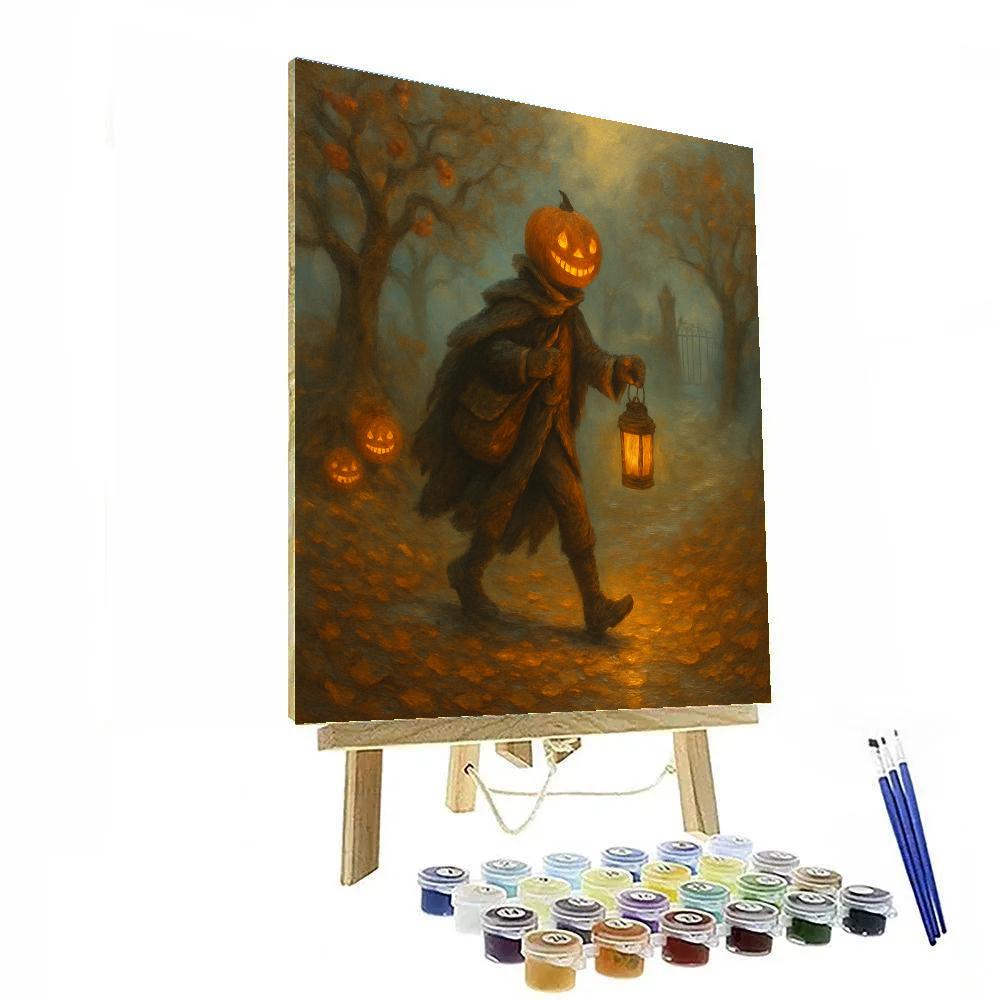 Pumpkin Headed Courier Through The Misty Orchard Gate Painting by numbers kit
