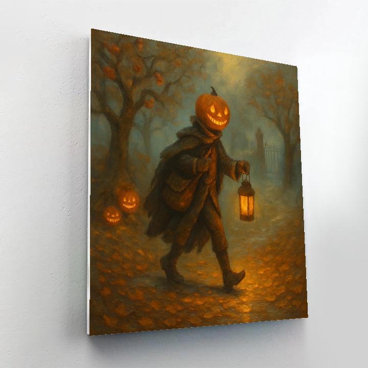 Pumpkin Headed Courier Through The Misty Orchard Gate Painting by numbers kit
