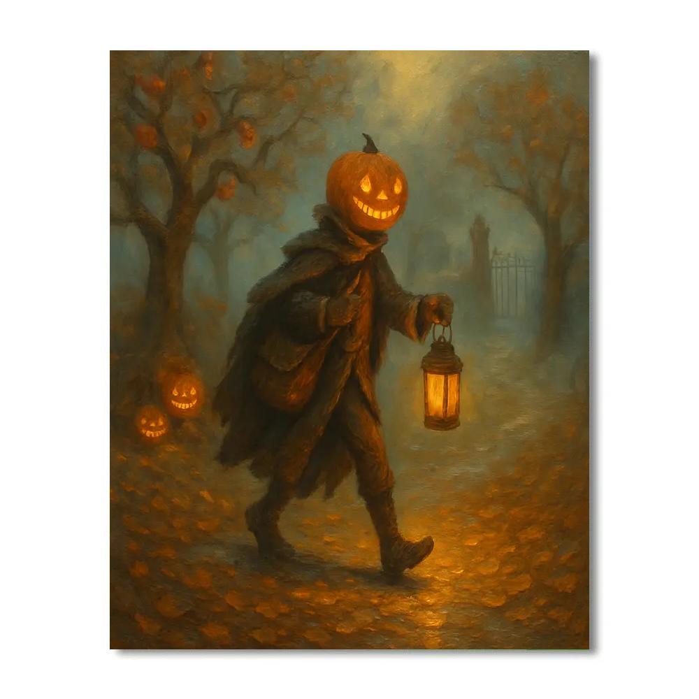Pumpkin Headed Courier Through The Misty Orchard Gate Painting by numbers kit