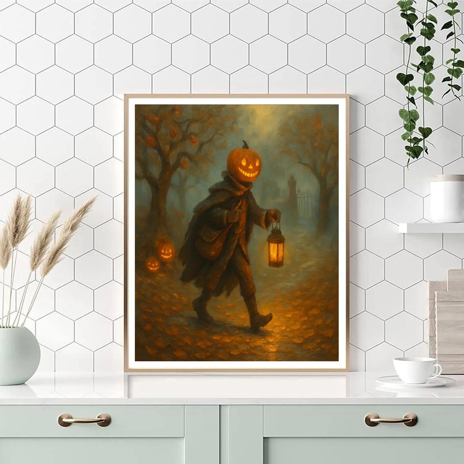 Pumpkin Headed Courier Through The Misty Orchard Gate Painting by numbers kit