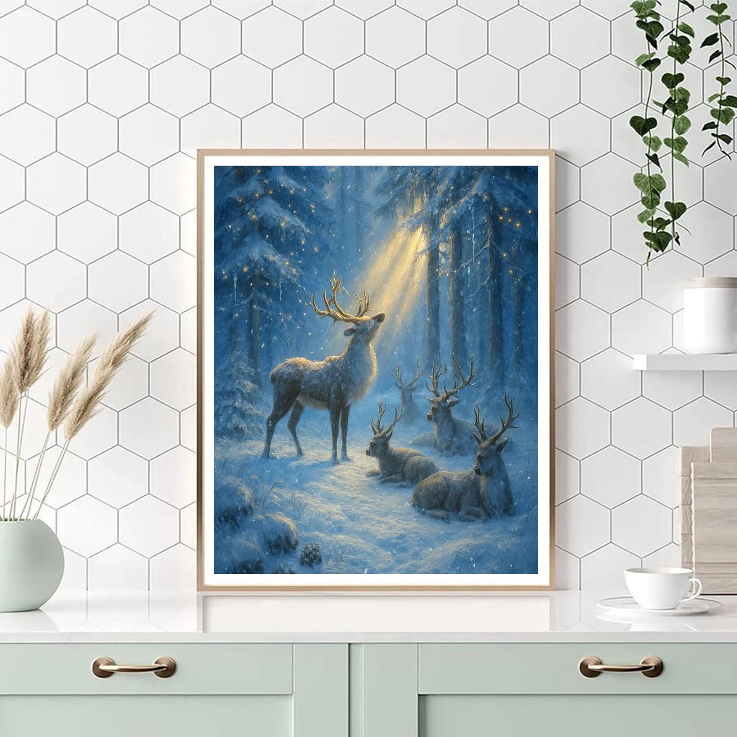 Reindeer Rest Under Crystal Pines paint by numbers