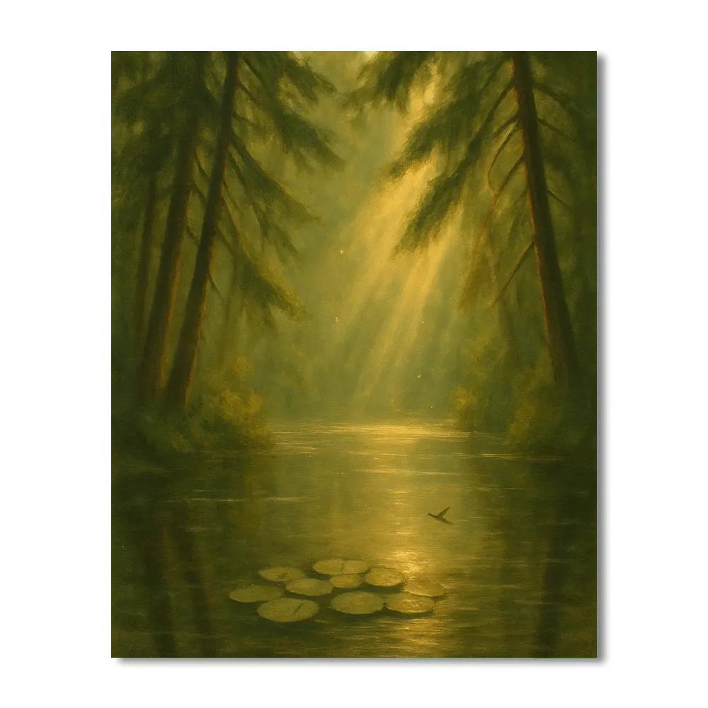 Forest Pond With Sunbeams Through Cedars Numbered painting kits
