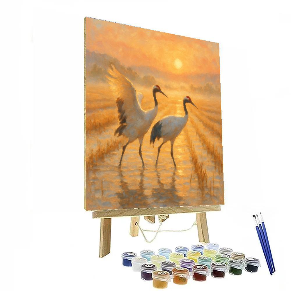 Golden Rice Field Cranes At Sunrise paint by numbers