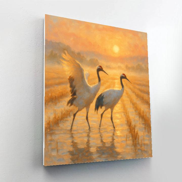 Golden Rice Field Cranes At Sunrise paint by numbers