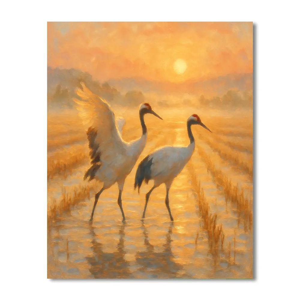 Golden Rice Field Cranes At Sunrise paint by numbers