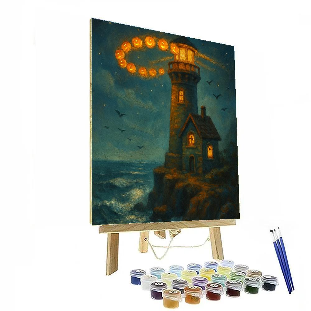 Haunted Lighthouse With Pumpkin Beacons Paint by numbers kits