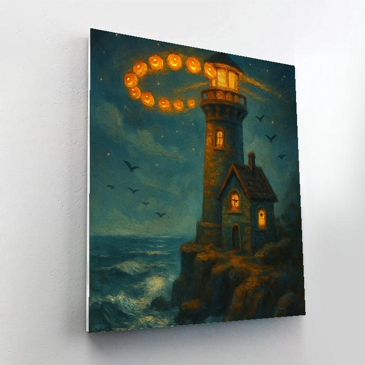 Haunted Lighthouse With Pumpkin Beacons Paint by numbers kits