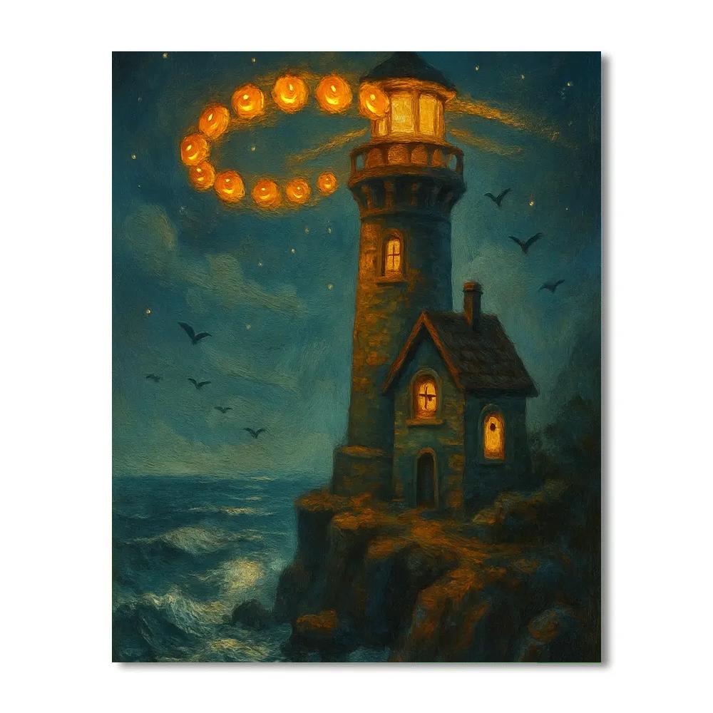 Haunted Lighthouse With Pumpkin Beacons Paint by numbers kits