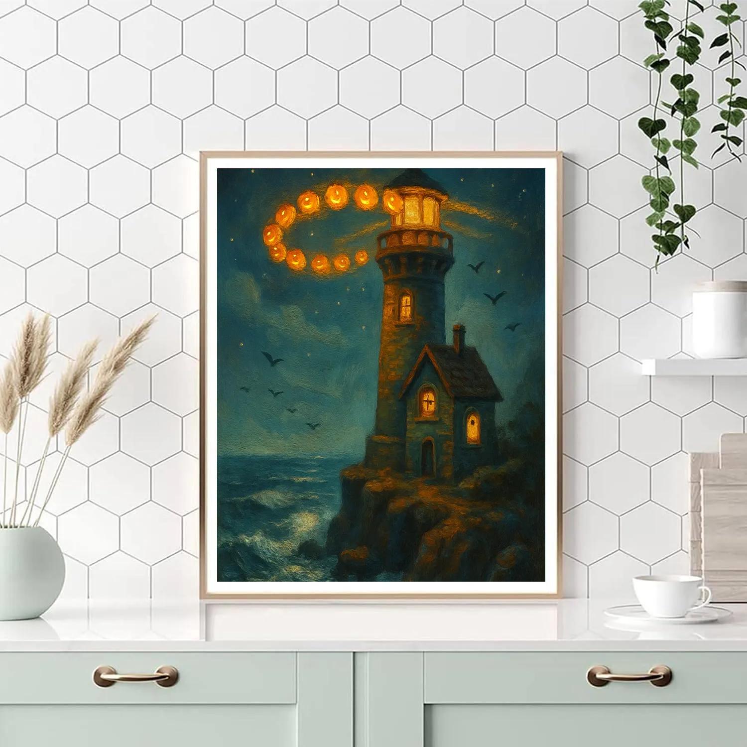 Haunted Lighthouse With Pumpkin Beacons Paint by numbers kits