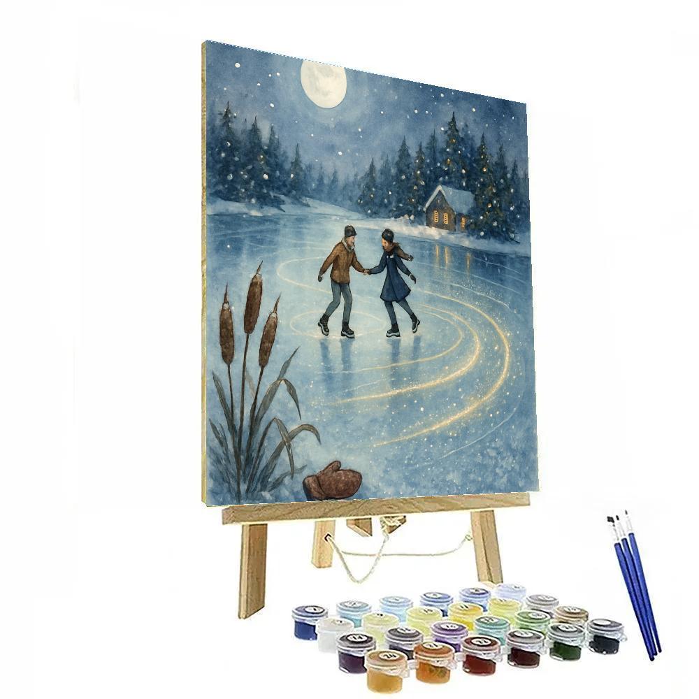 Moonlit Skaters On Mirror Lake Number painting
