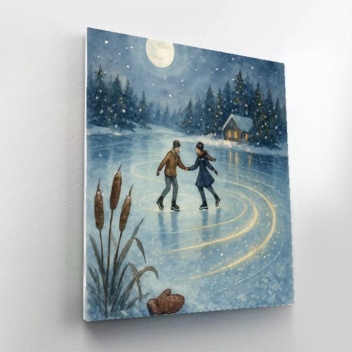 Moonlit Skaters On Mirror Lake Number painting