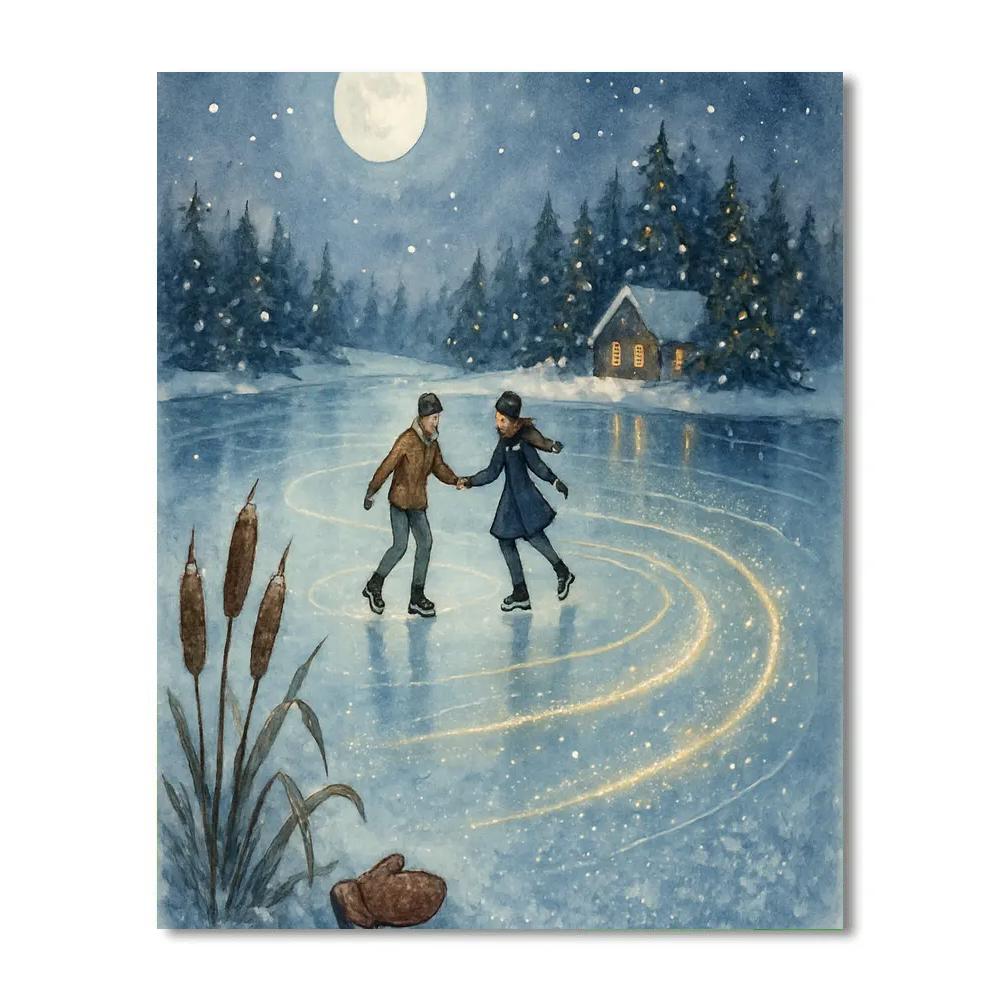 Moonlit Skaters On Mirror Lake Number painting