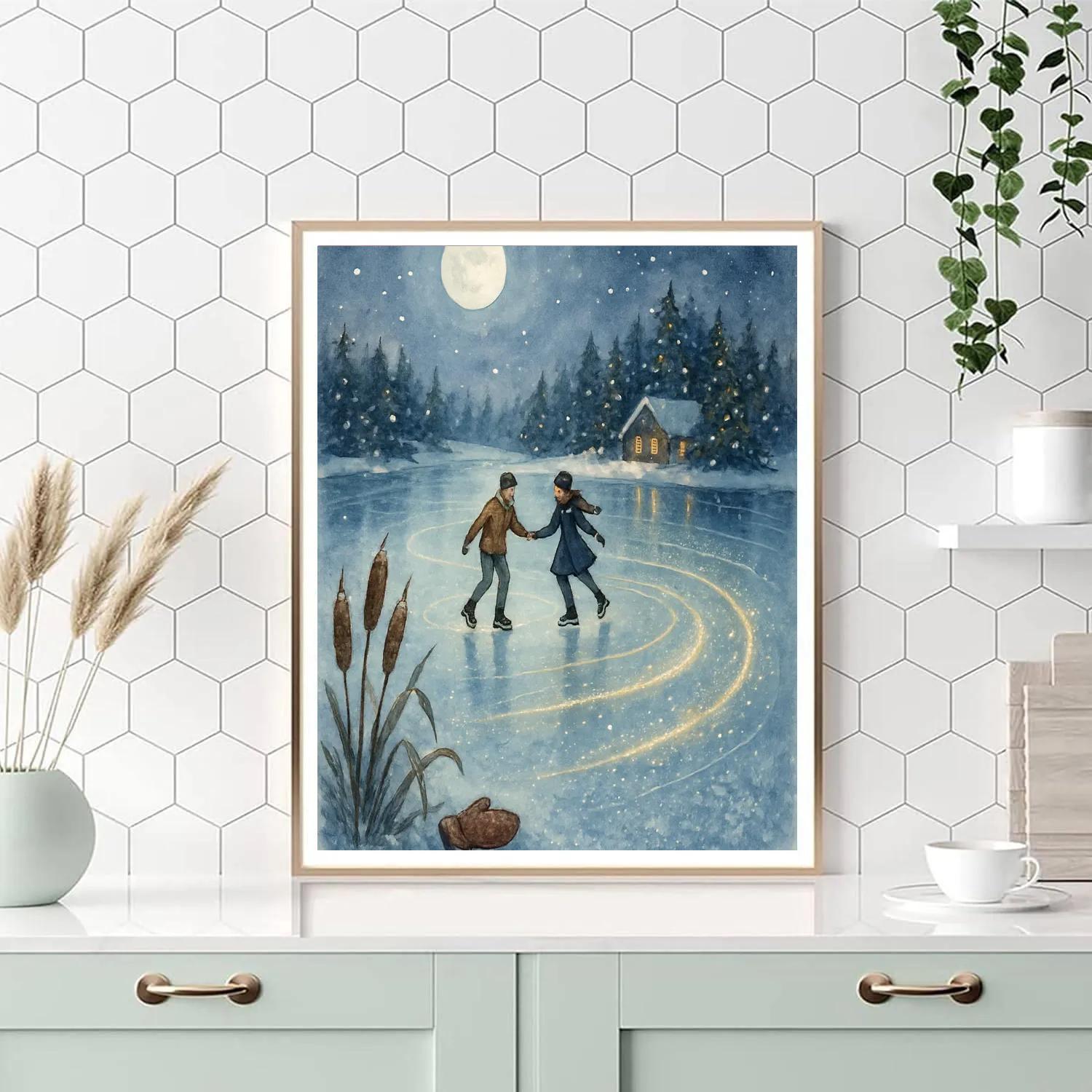 Moonlit Skaters On Mirror Lake Number painting