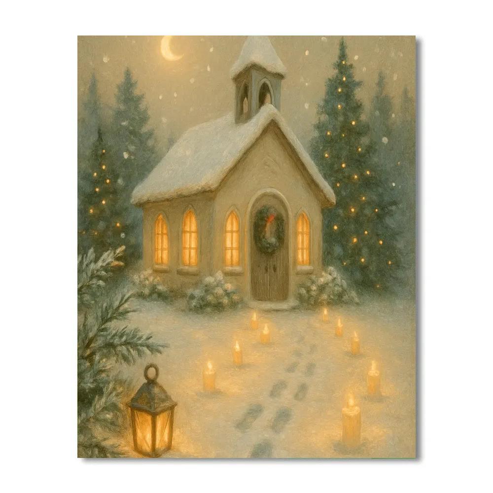 Candlelit Chapel Under Falling Snow paint by numbers