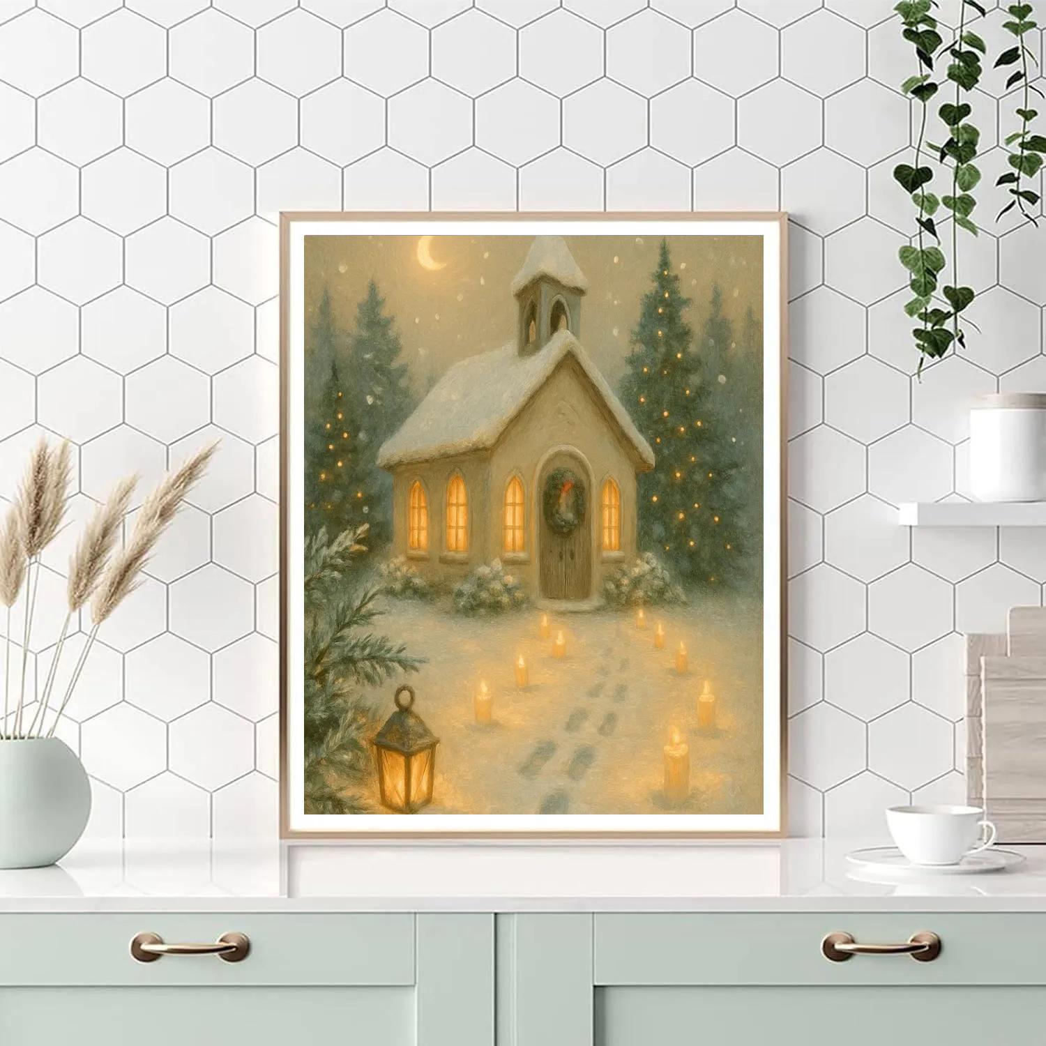 Candlelit Chapel Under Falling Snow paint by numbers