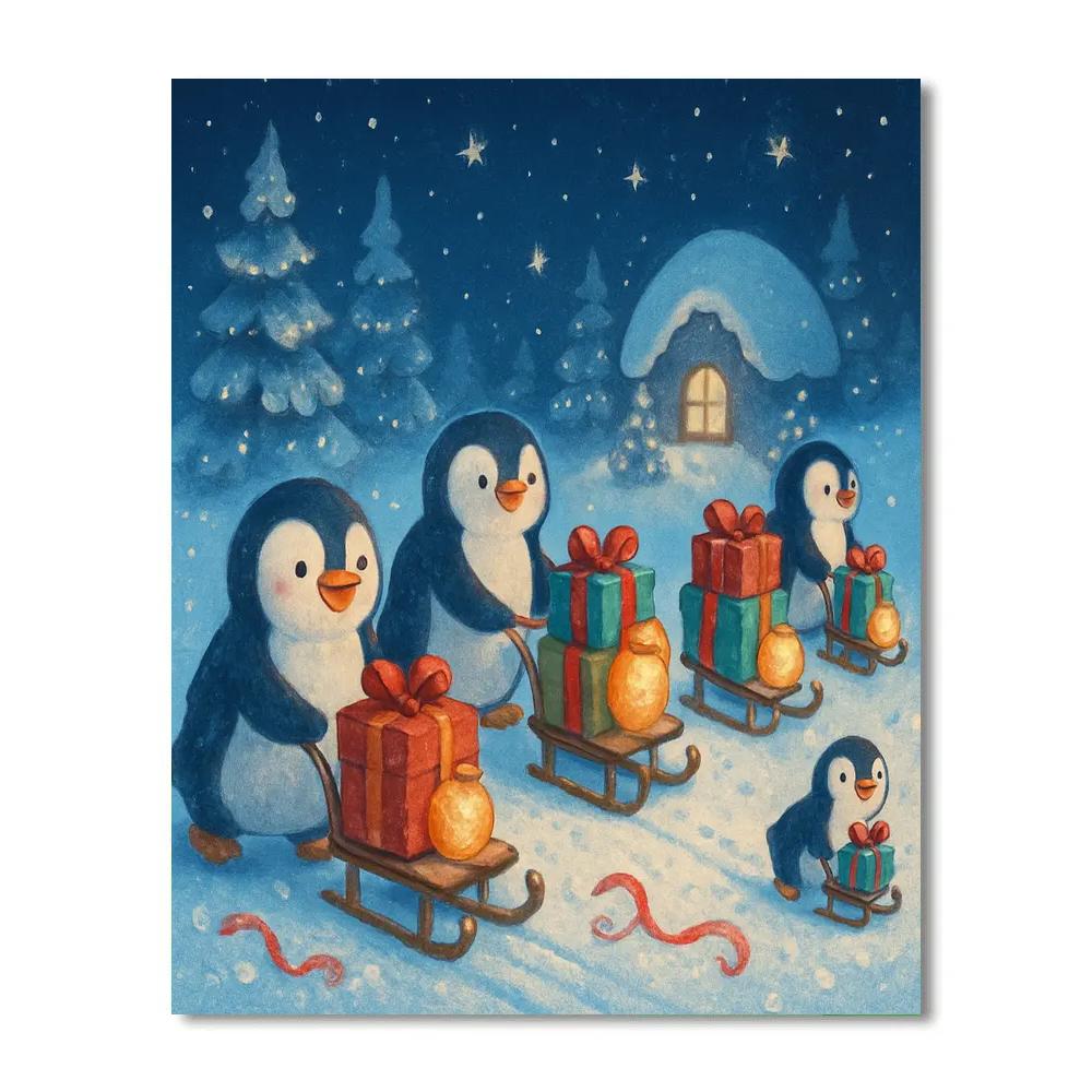 Penguin Parade With Gift Sleds DIY paint by numbers