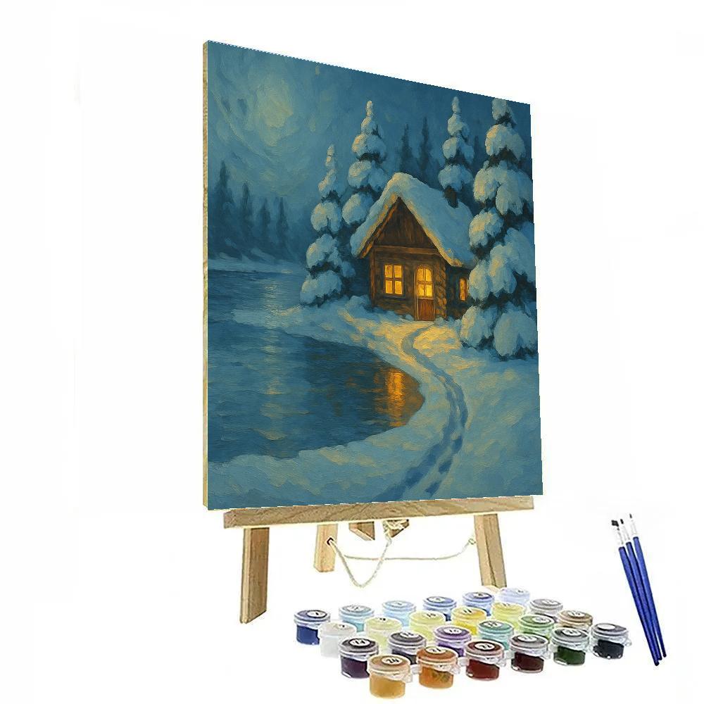 Snowy Cabin Windows By The Frozen Shore paint by number