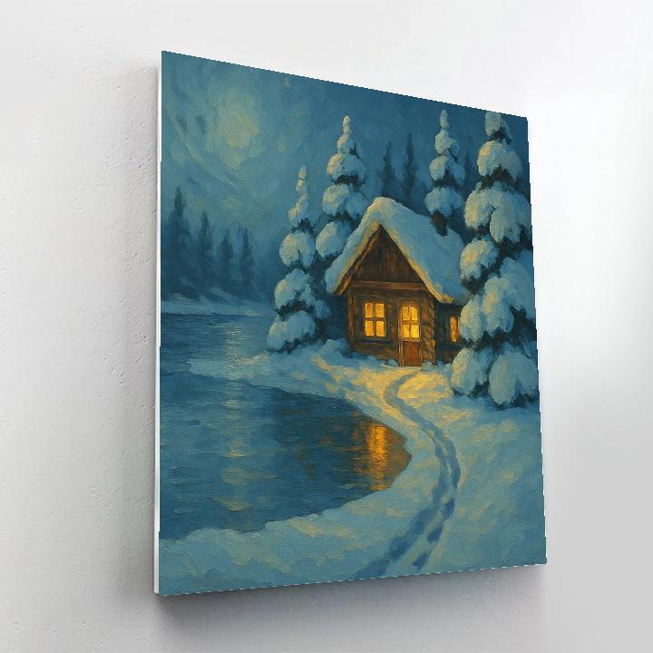 Snowy Cabin Windows By The Frozen Shore paint by number