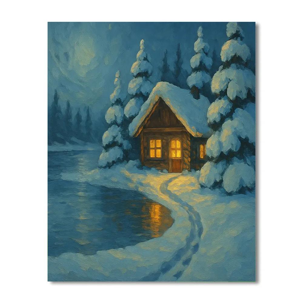 Snowy Cabin Windows By The Frozen Shore paint by number