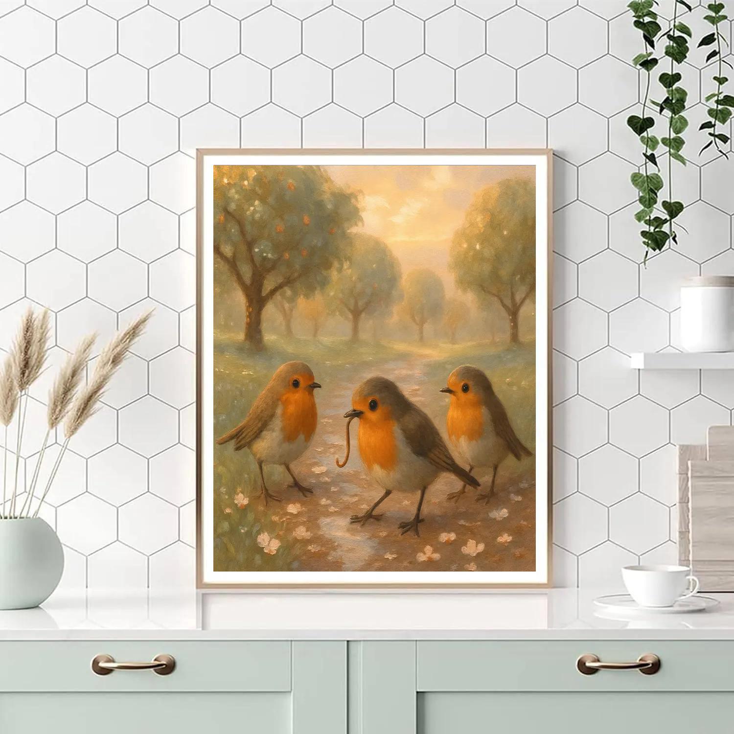 Golden Orchard Robins After Rain painting number kit