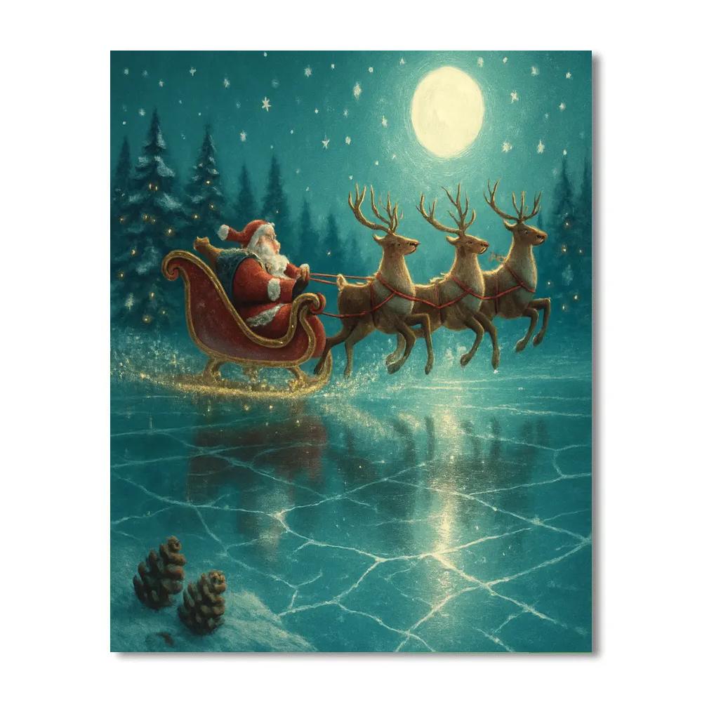 Santa Sleigh Silhouette Above The Crystal Lake Number painting