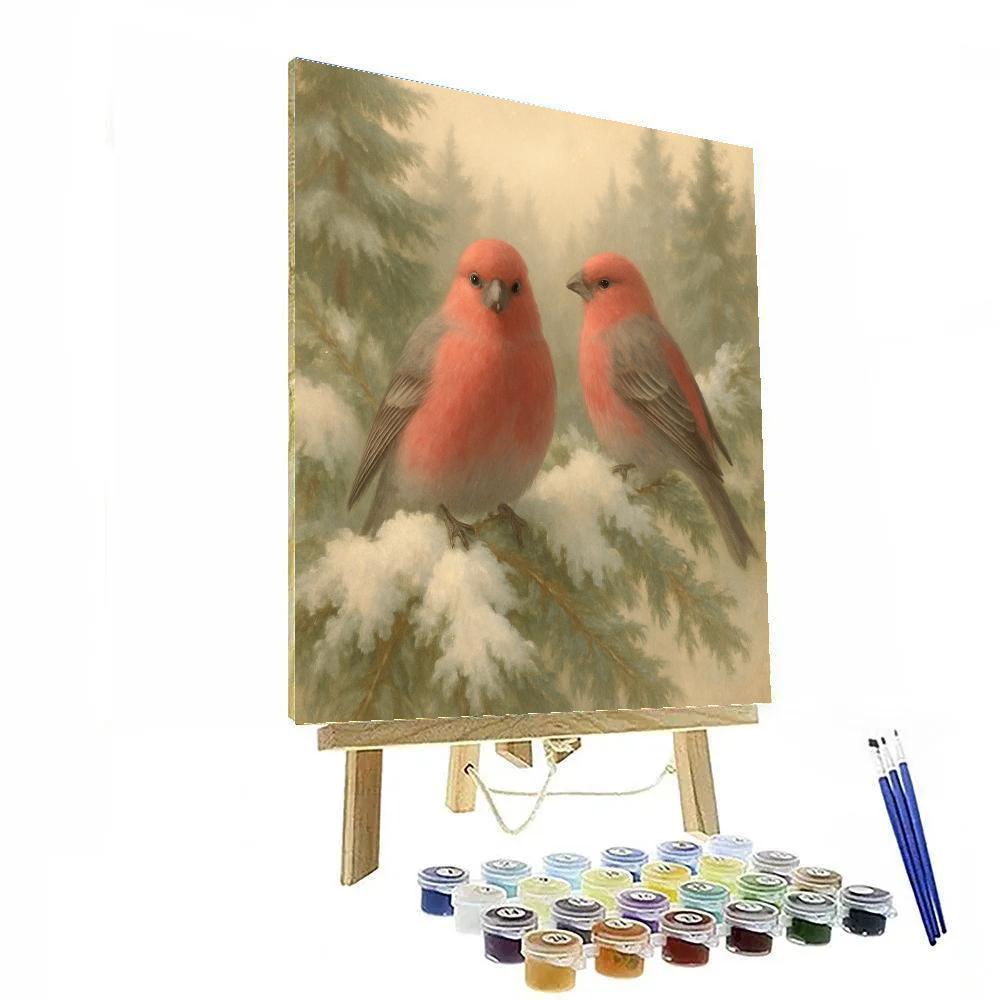 Snowy Cedars And The Pine Grosbeak Pair paint by color