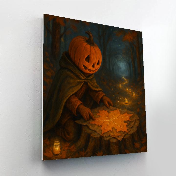 Pumpkin Headed Traveler With Map Of Fallen Leaves Paint by numbers art
