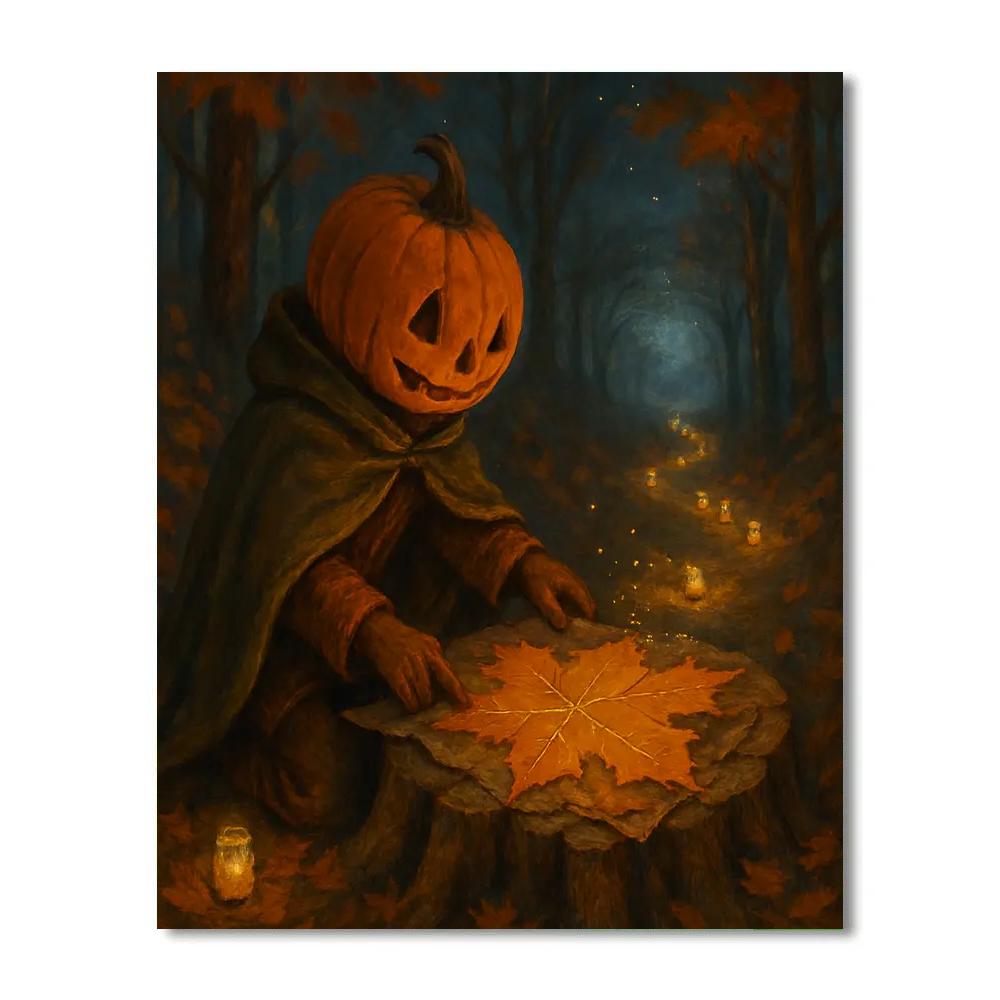 Pumpkin Headed Traveler With Map Of Fallen Leaves Paint by numbers art