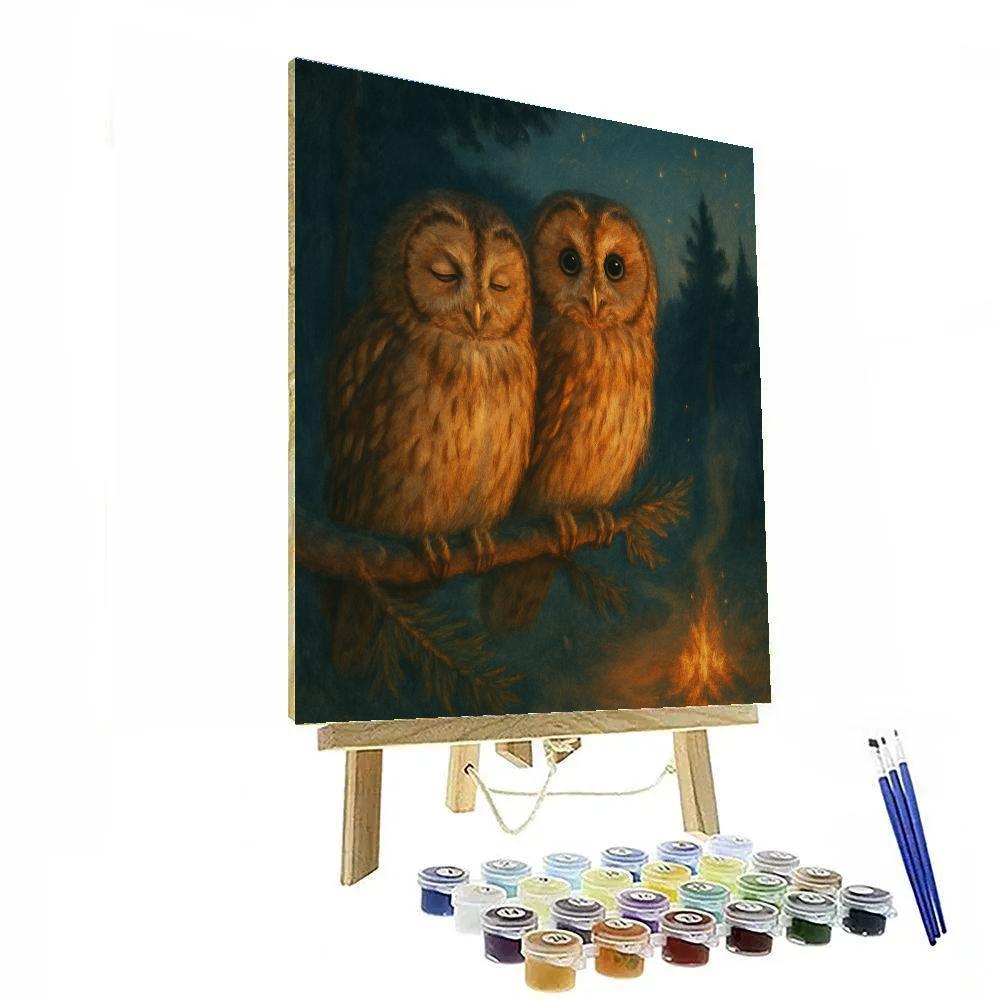Firelight Owls In The Pine Clearing paint by color