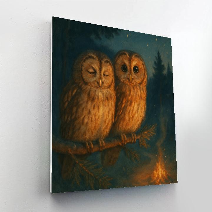Firelight Owls In The Pine Clearing paint by color