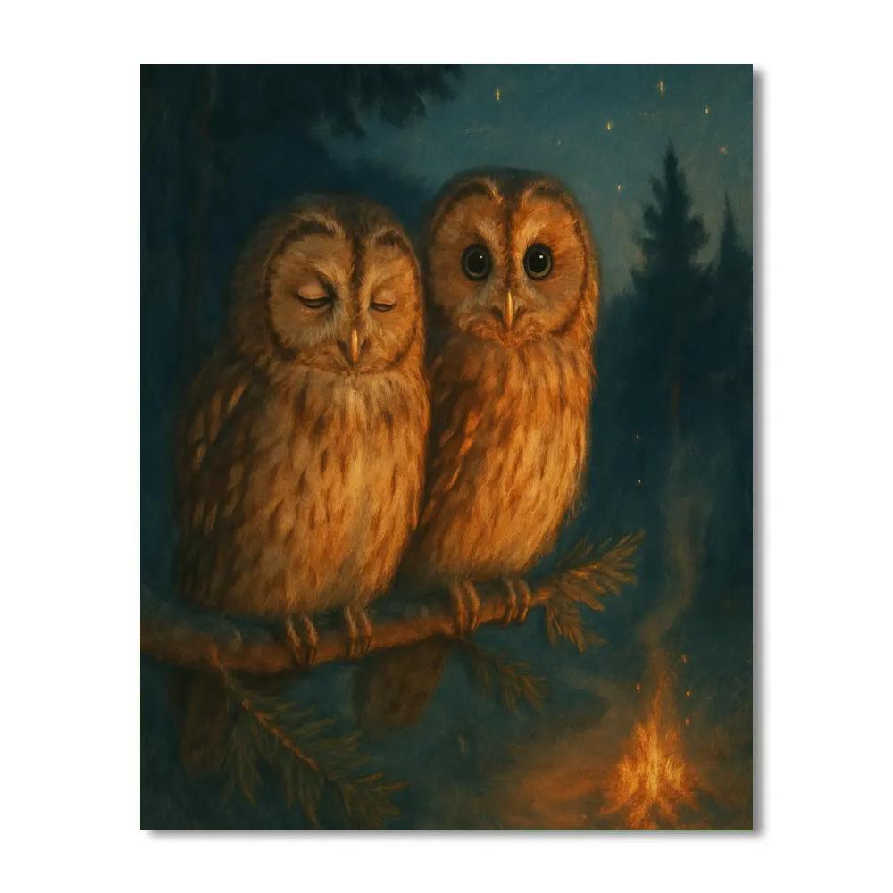 Firelight Owls In The Pine Clearing paint by color