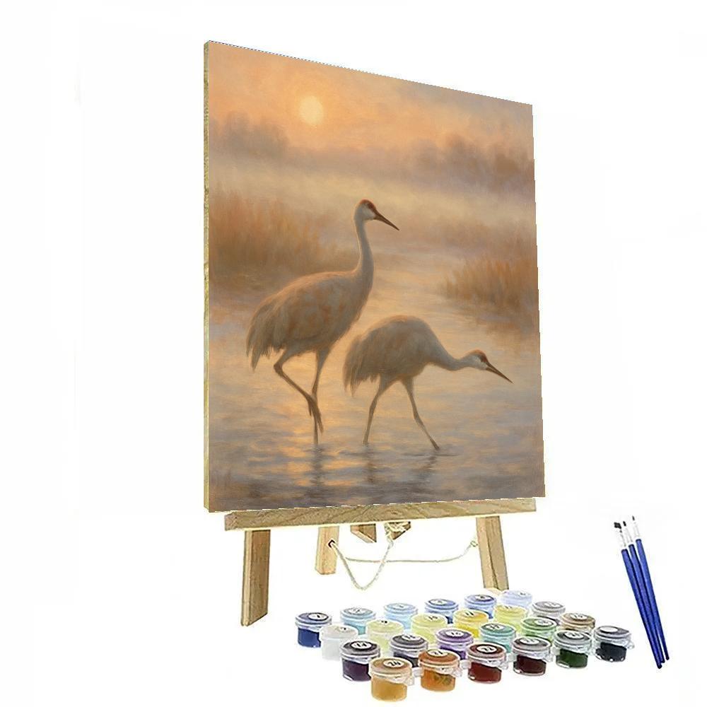 Cranes Crossing The Peach Mist Dawn painting number kit