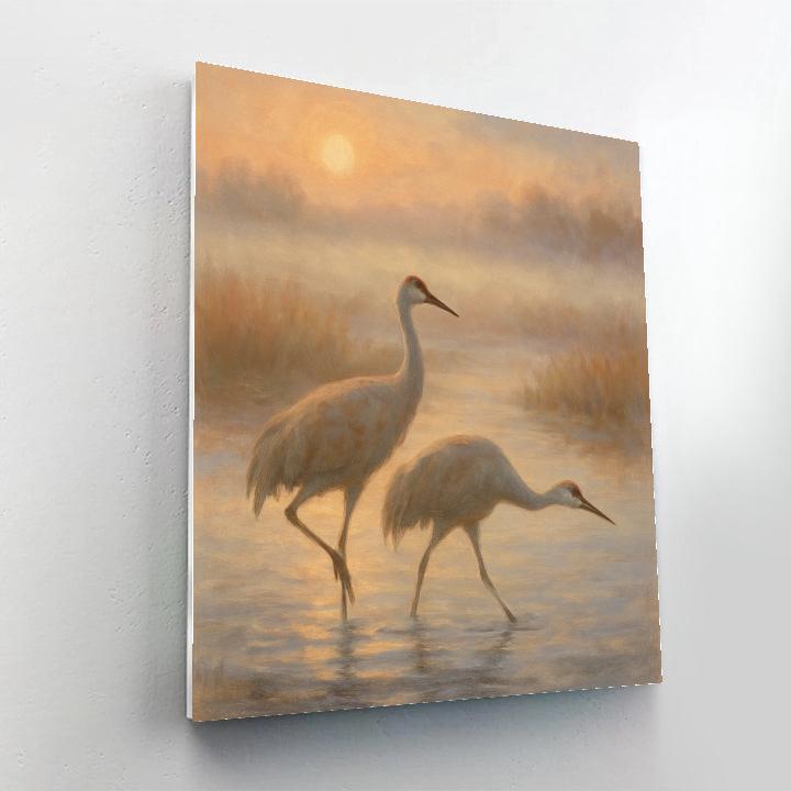 Cranes Crossing The Peach Mist Dawn painting number kit