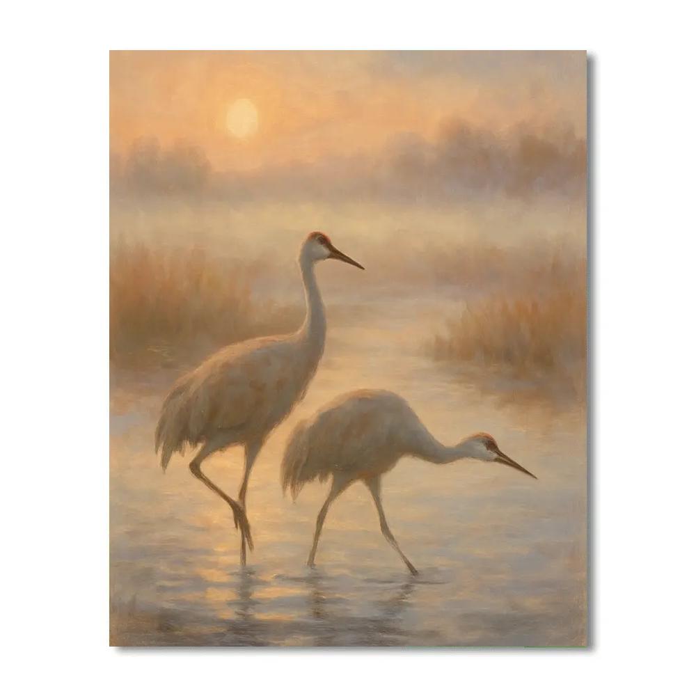 Cranes Crossing The Peach Mist Dawn painting number kit