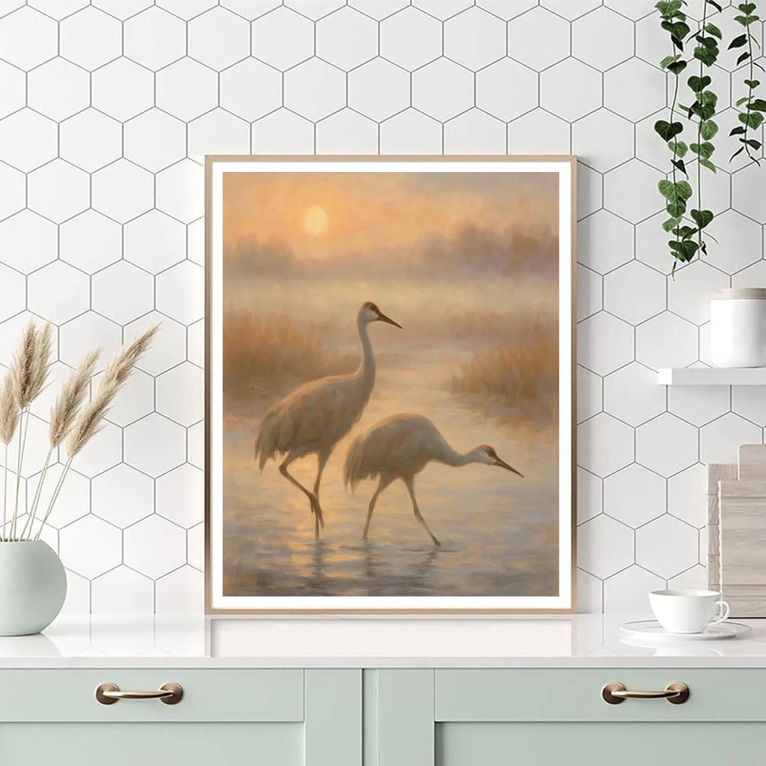 Cranes Crossing The Peach Mist Dawn painting number kit