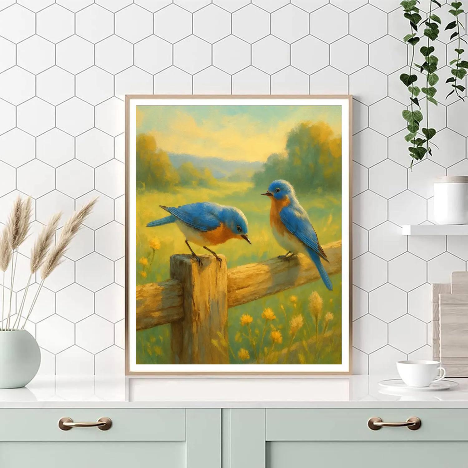 Bluebird Pair On The Split Rail Fence DIY paint by numbers