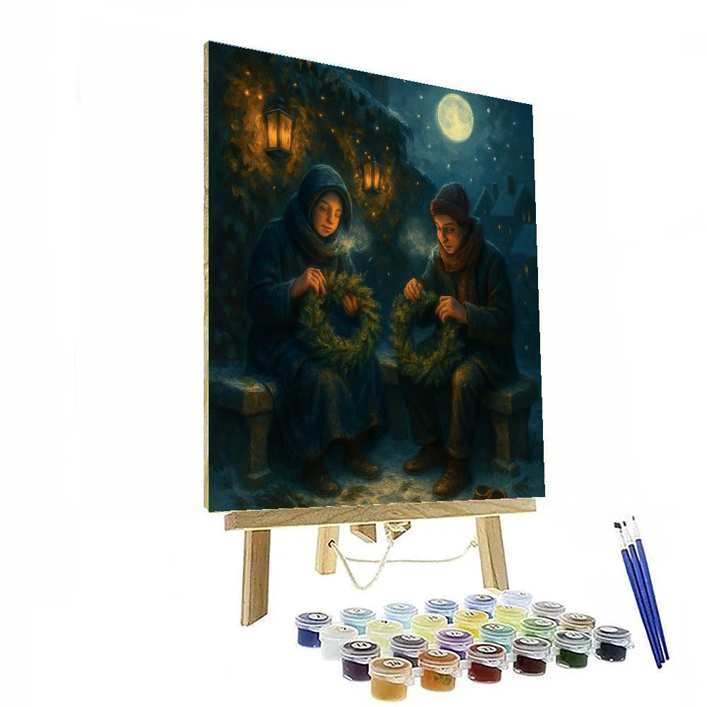 Moonlit Wreath Makers In The Snowy Courtyard Paint by numbers kits